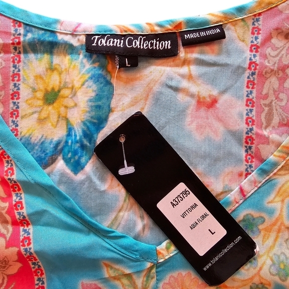 New TOLANI Vittoria Aqua Floral 3/4 Sleeve Boho Tie Waist Hankerchief Hem Blouse - Picture 9 of 10